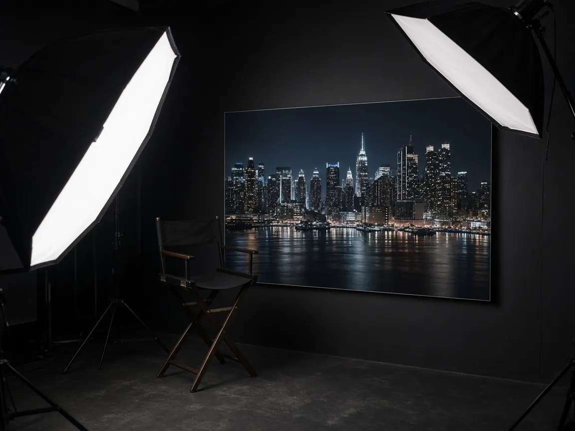 Concept example of a campaign print on a studio wall, with production lights in the foreground.