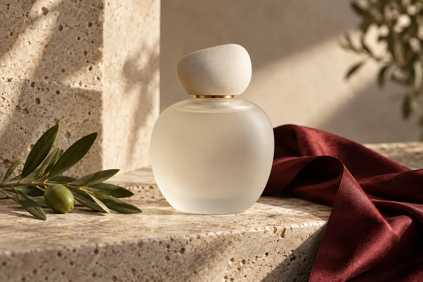 A label-free perfume bottle photographed on travertine with burgundy silk