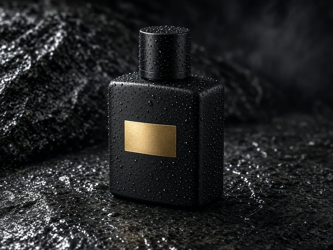 Concept example of a matte black bottle on wet stone for a product campaign still.