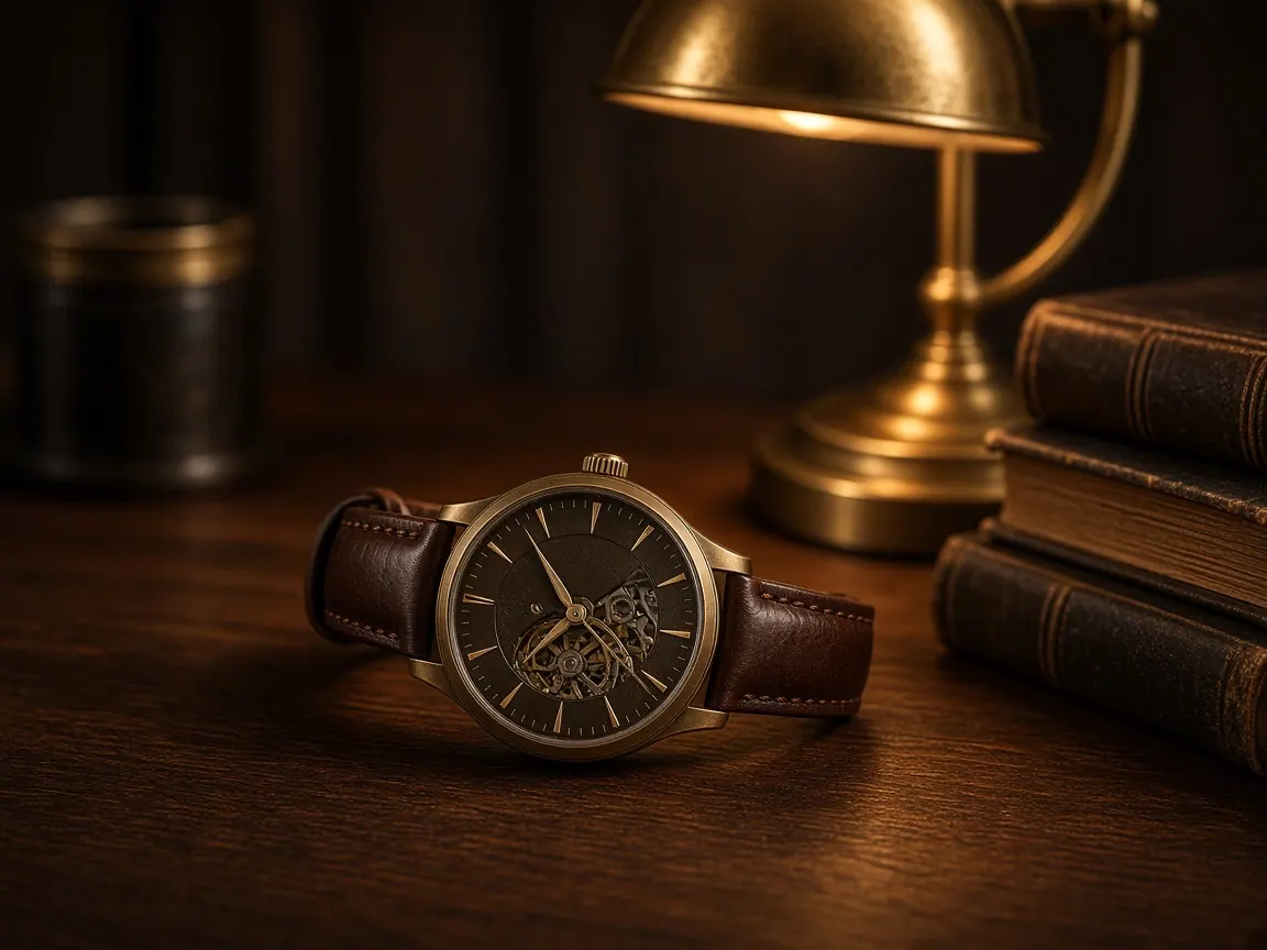 Concept example of a mechanical watch on a walnut desk under a warm lamp.