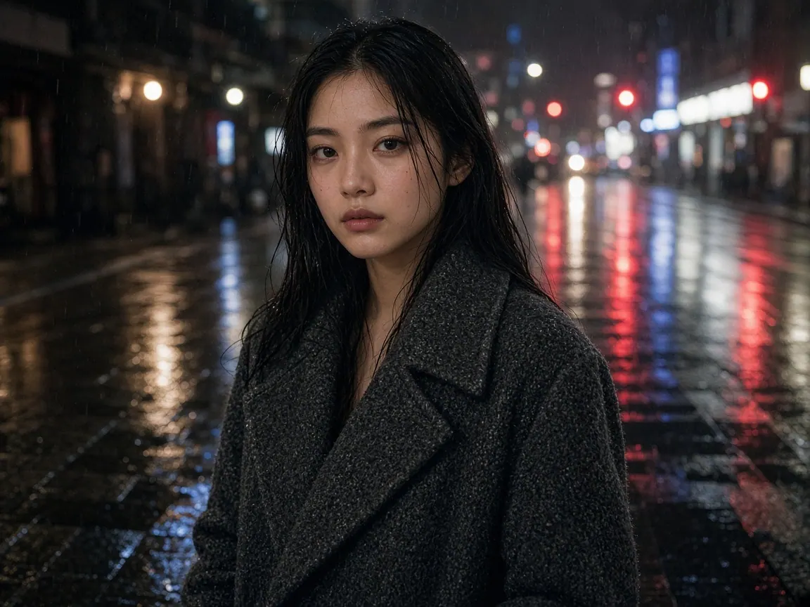 Concept example of a portrait kept recognizable against a rainy night street.