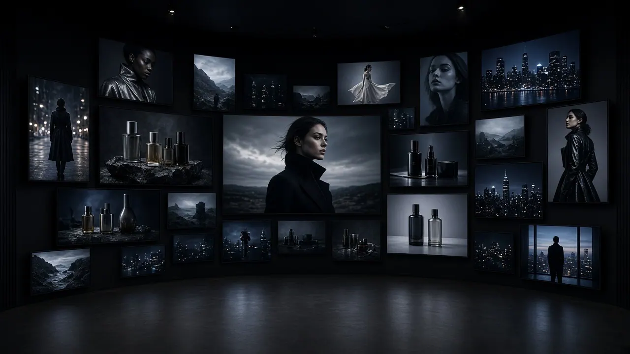 Concept example of a dark studio wall filled with campaign stills, product shots, and poster frames.
