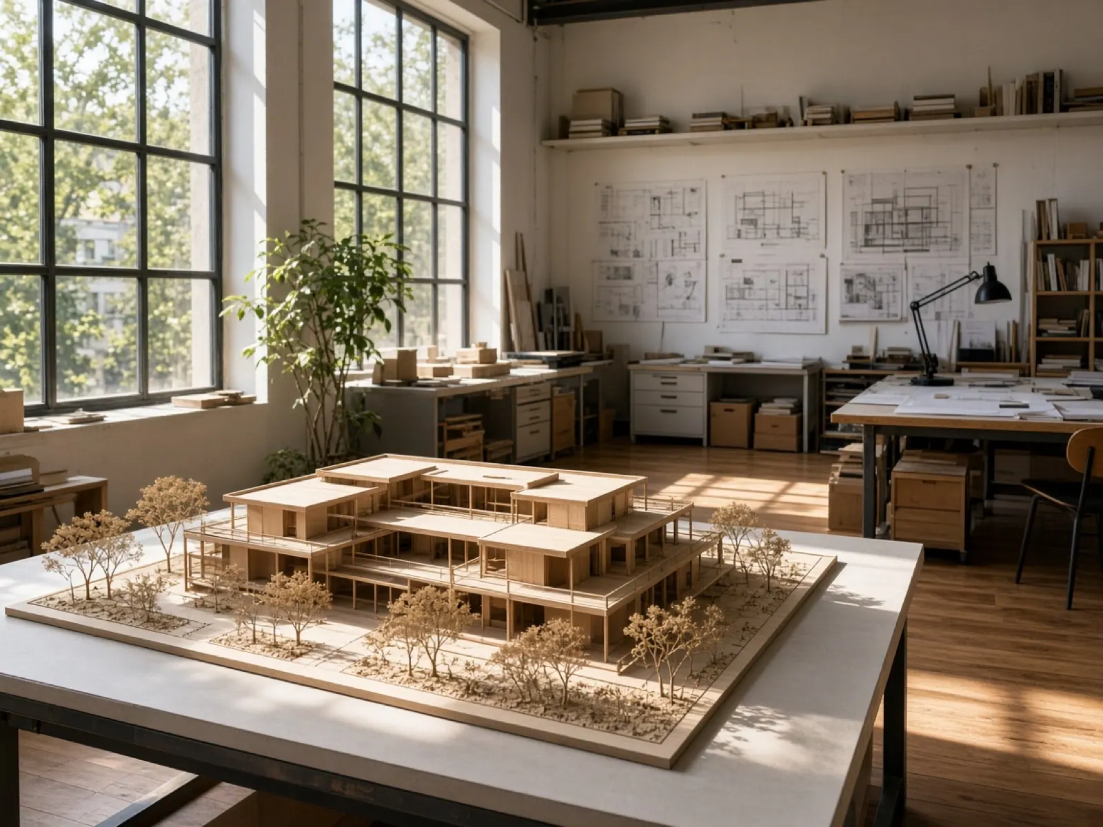 Sunlit architecture studio with a timber building model