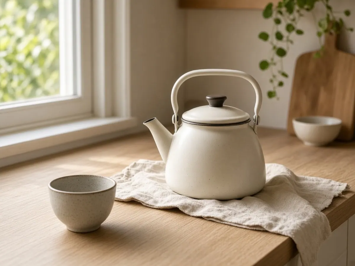An unbranded enamel kettle on a pale oak counter in morning light