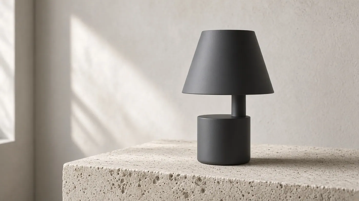 Unbranded charcoal table lamp on pale limestone