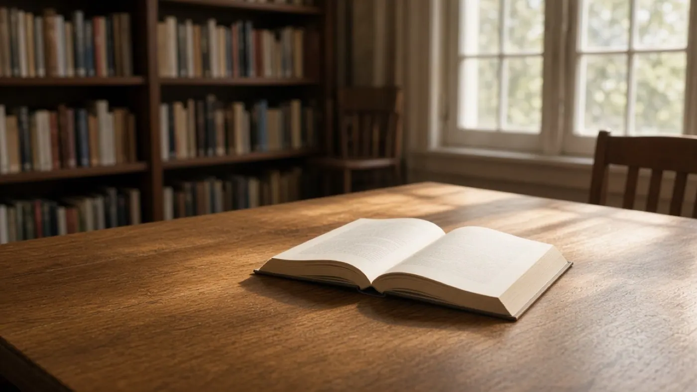 Oak library table with an open book in afternoon light