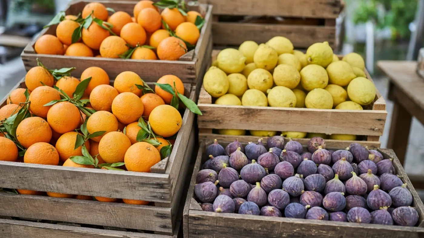 Outdoor fruit stall with citrus in wooden crates