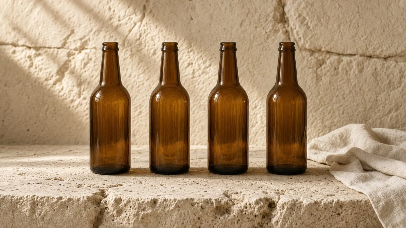 Four matching amber bottles on a limestone ledge