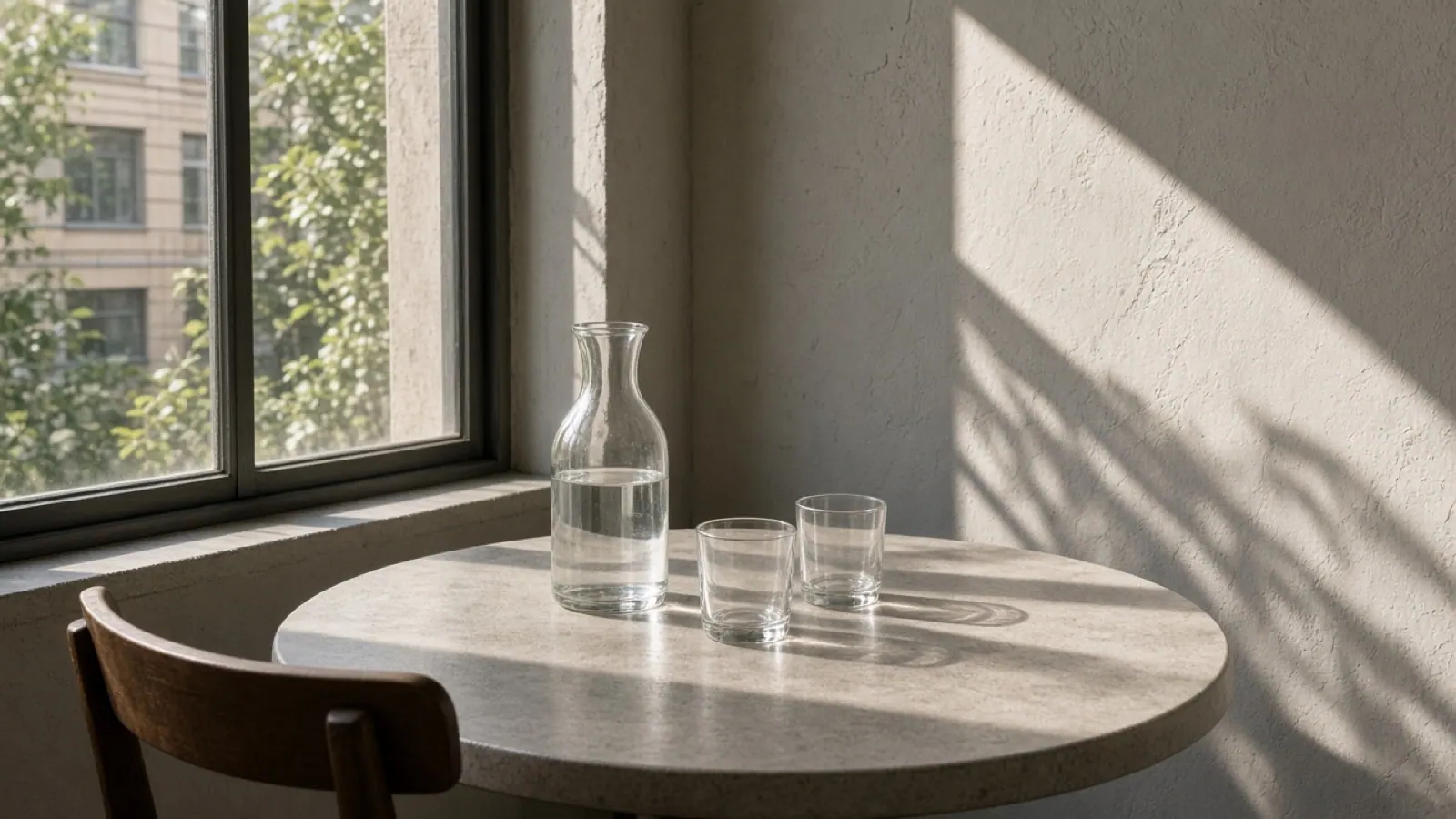 Daylight cafe table with a glass carafe and hard window light