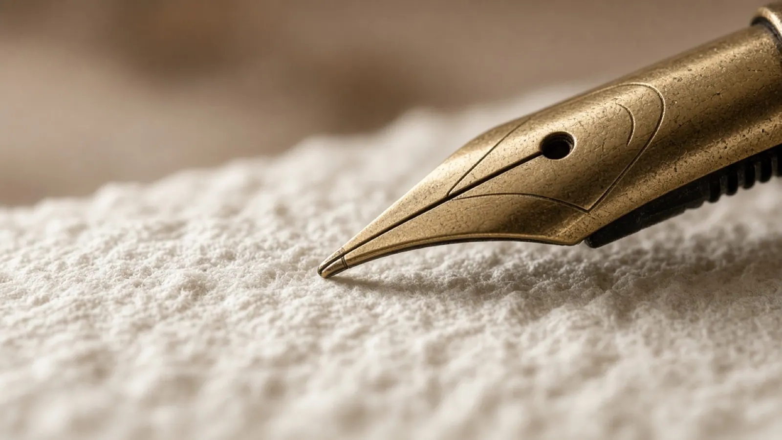 Macro of a brass pen nib on cotton paper