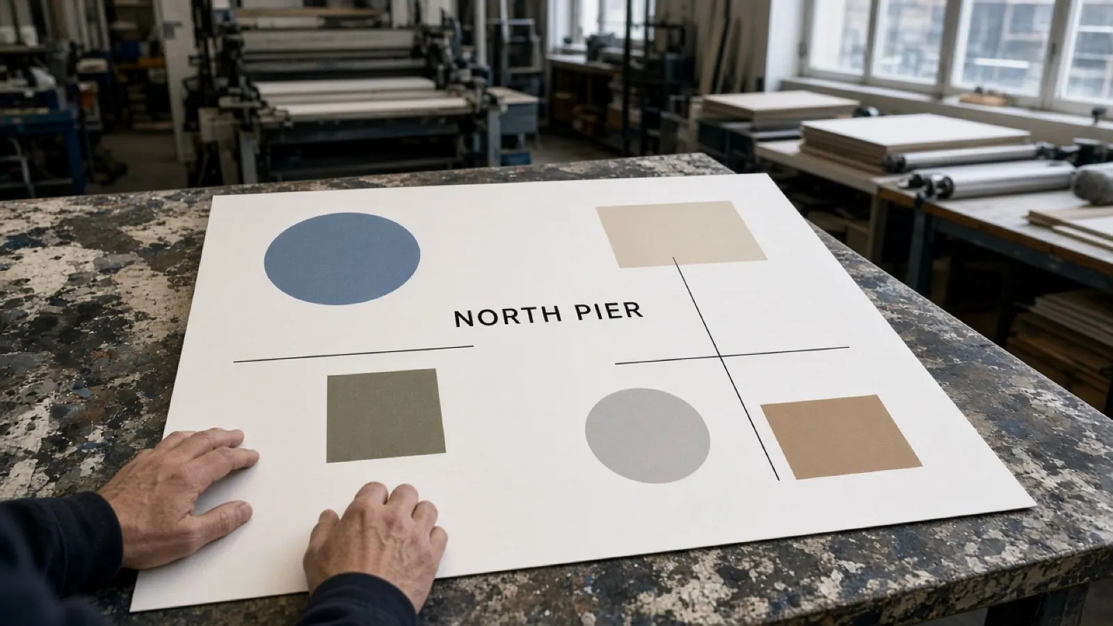 Print-shop table with a poster proof that reads NORTH PIER