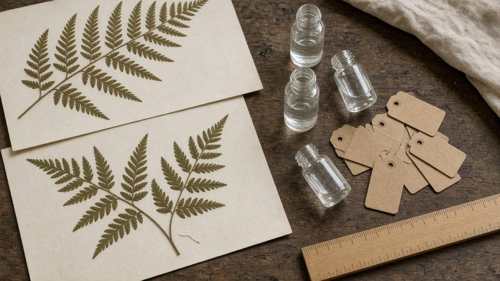 Botanist bench with pressed ferns, glass vials, and blank tags
