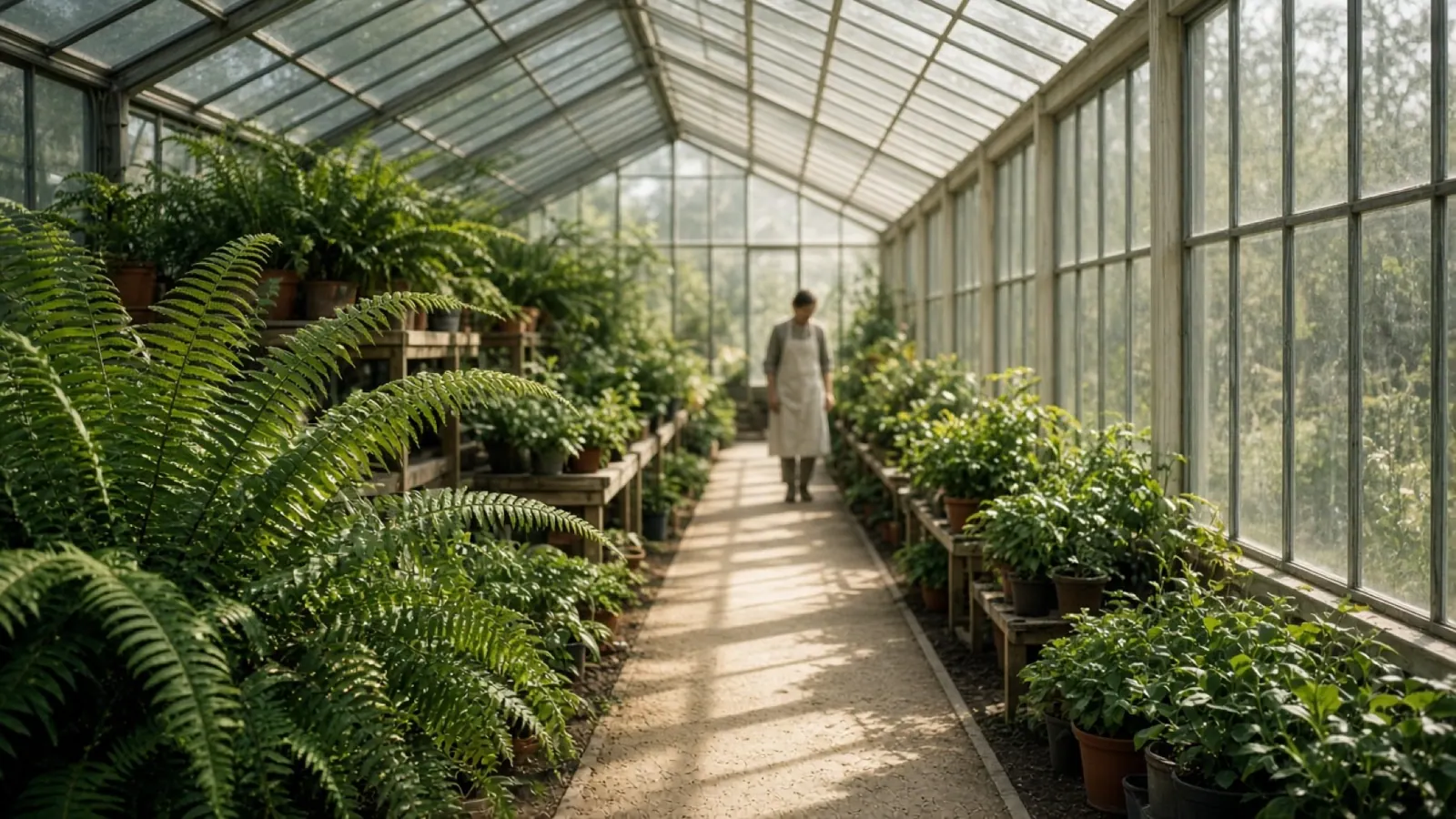 Sunlit greenhouse aisle with ferns along a gravel path
