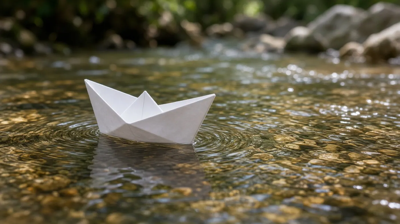 Paper boat moving through a shallow clear stream