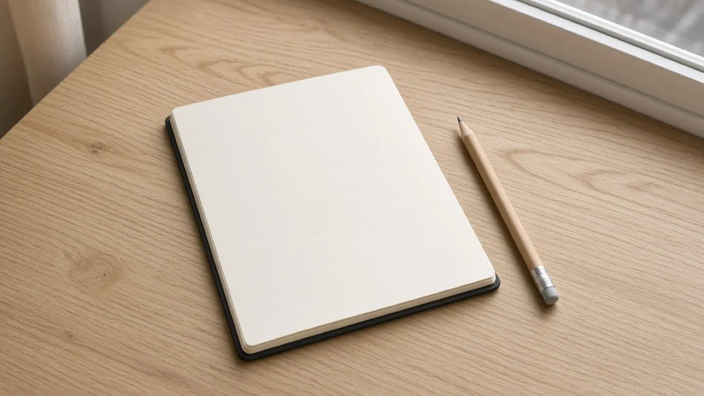 Blank sketchbook and a pencil on an oak desk