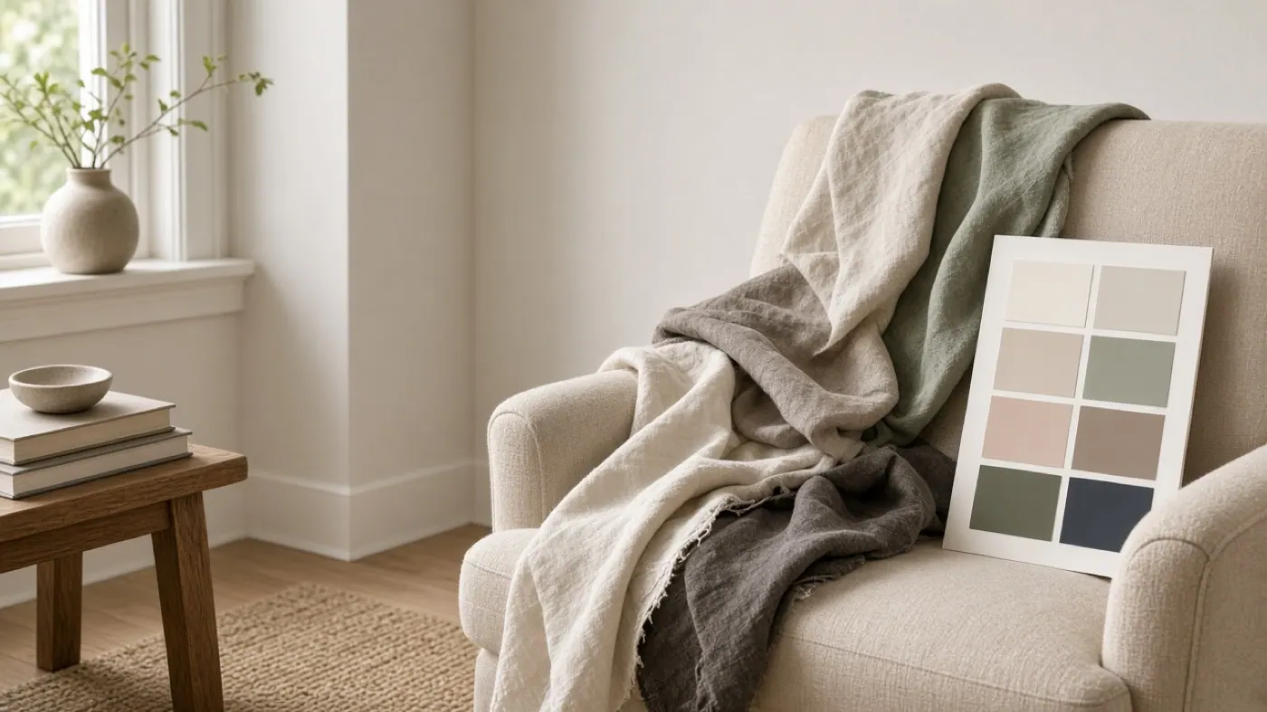 Living-room chair with linen swatches and color chips
