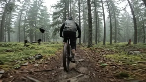 Downhill riders racing through a rain-soaked alpine forest